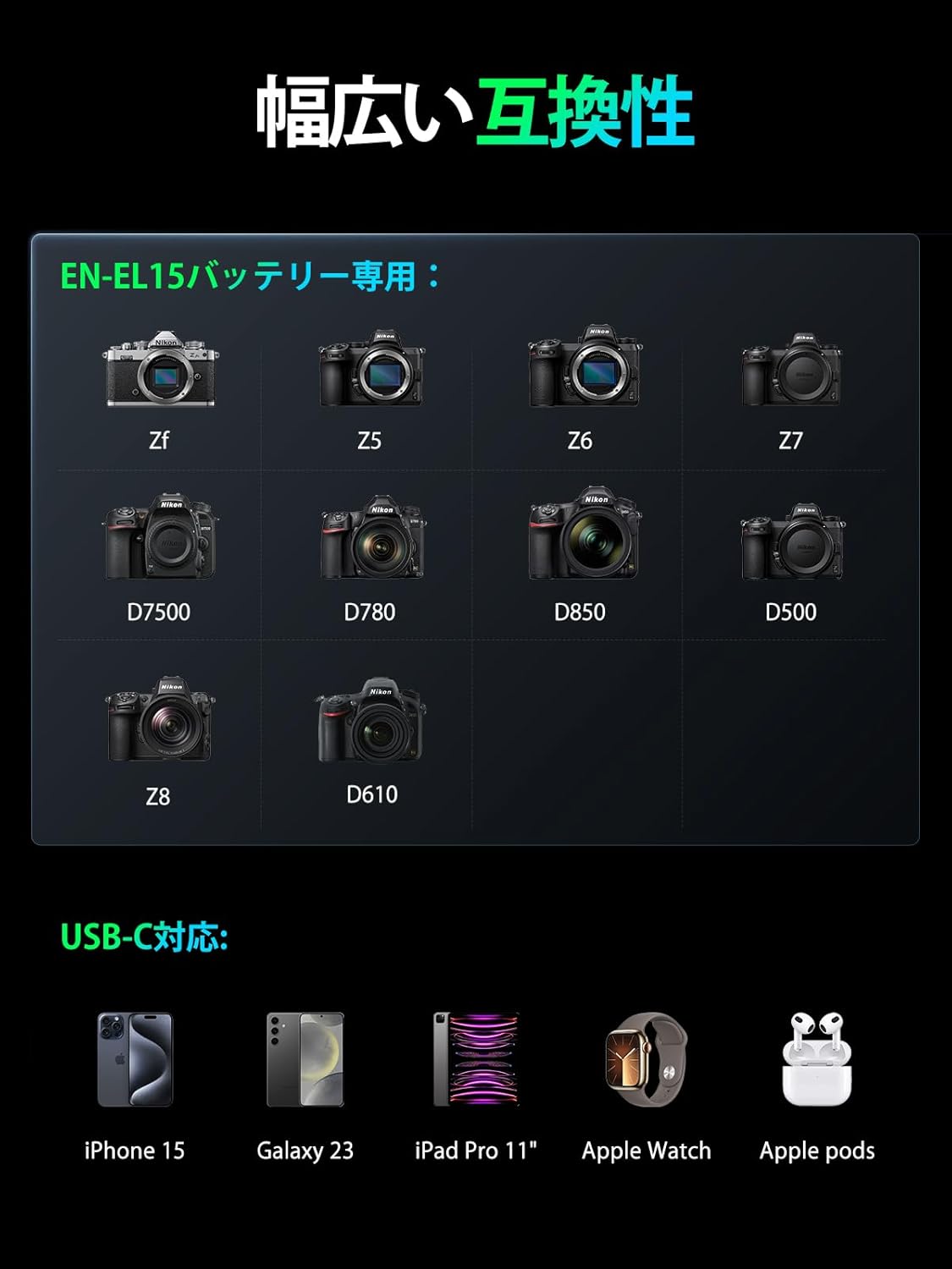 llano CS3 2in1 カメラバッテリー 充電器 EN-EL15用
